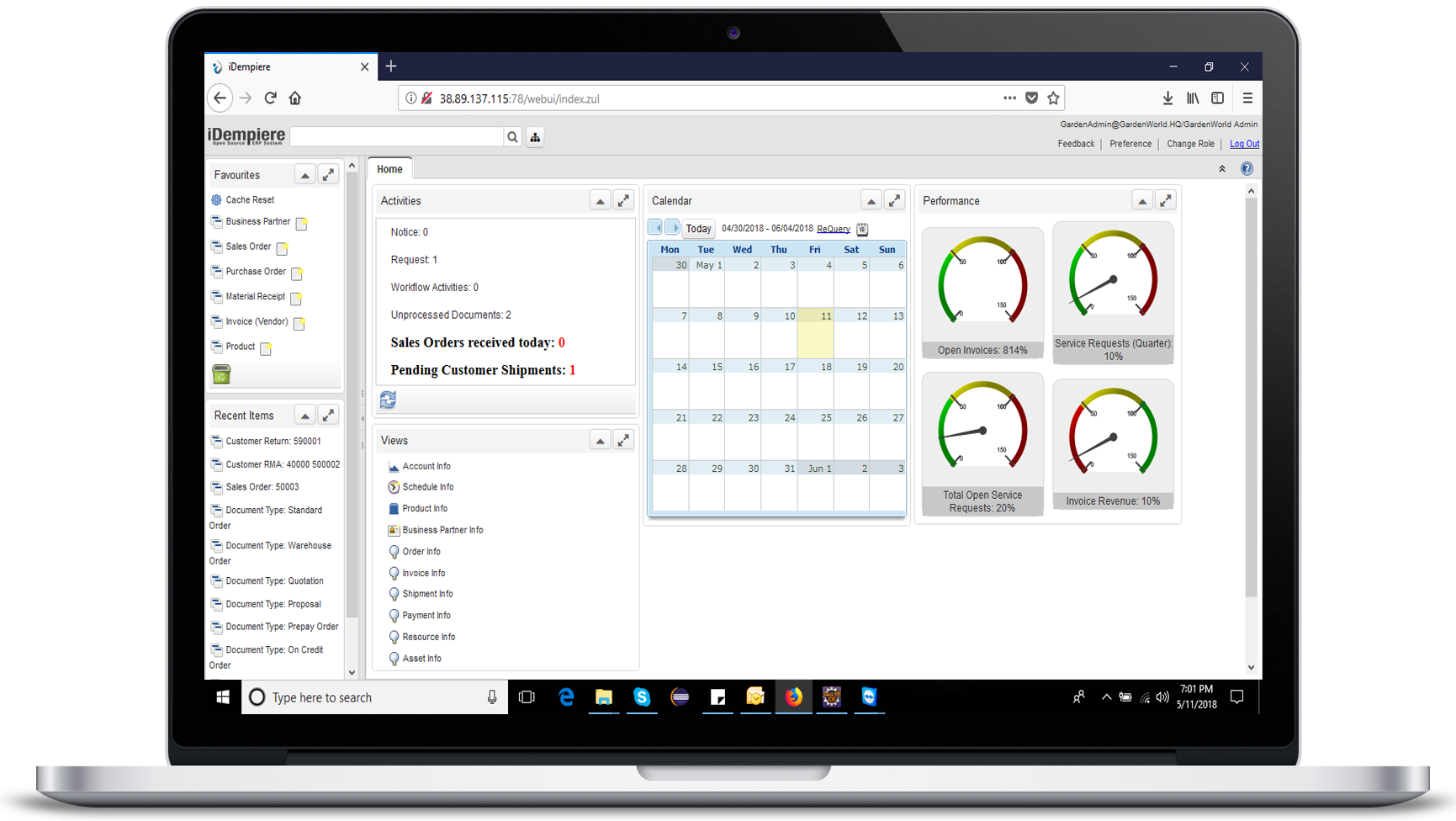 iDempiere ERP web client home page showing favourites, activities, calendar and performance gauges