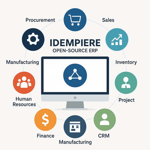 iDempiere open source ERP overview diagram showing integrated modules